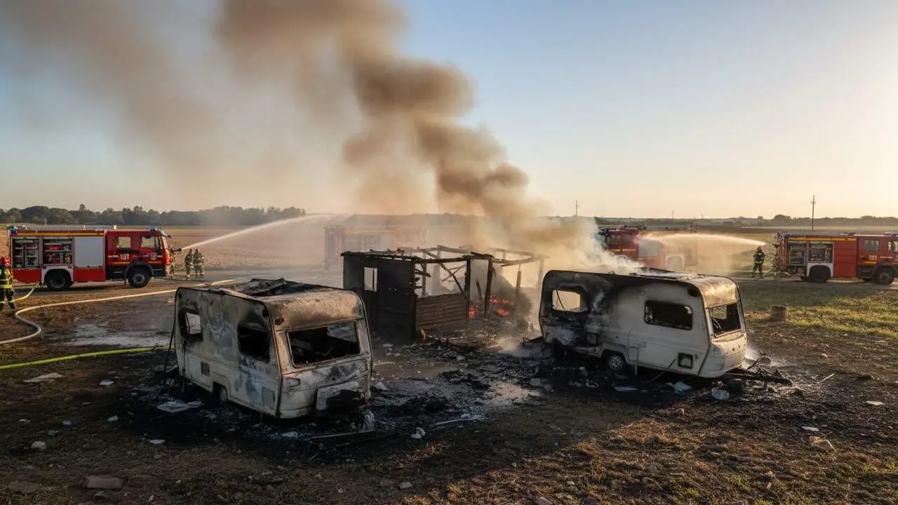 Caseta i dues autocaravanes cremades a Montbri&oacute; del Camp amb sis dotacions actuant en l&rsquo;incendi &mdash; Imagen generada por IA