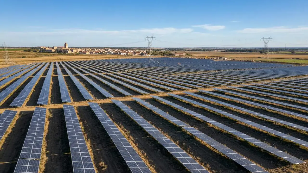 Vista a&egrave;ria dels 6.900 panells solars instal&middot;lats a Constant&iacute; en el projecte de central fotovoltaica renovable &mdash; Imagen generada por IA
