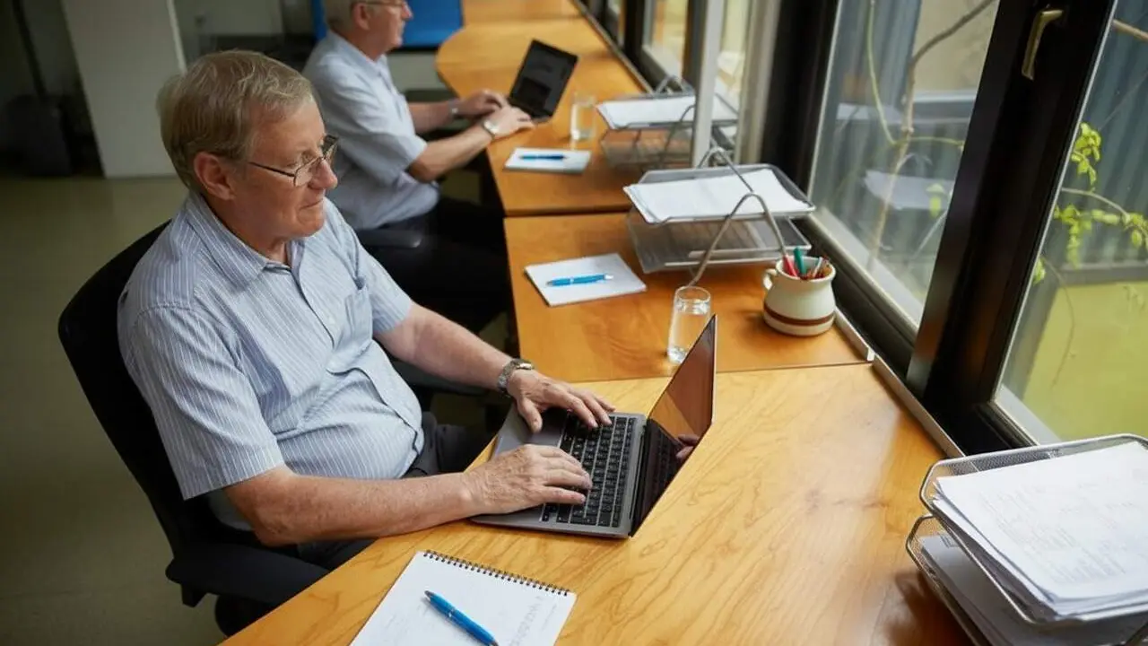 Treballador jubilat treballant a temps parcial demanant la prolongaci&oacute; activa fins als 67 anys amb plena capacitat f&iacute;sica i mental &mdash; Imagen generada por IA