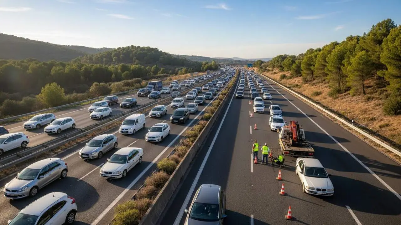 Imatge de l&rsquo;AP 7 al Papiol amb un carril tallat a causa d&rsquo;una avaria i vehicles formant retencions &mdash; Imagen generada por IA