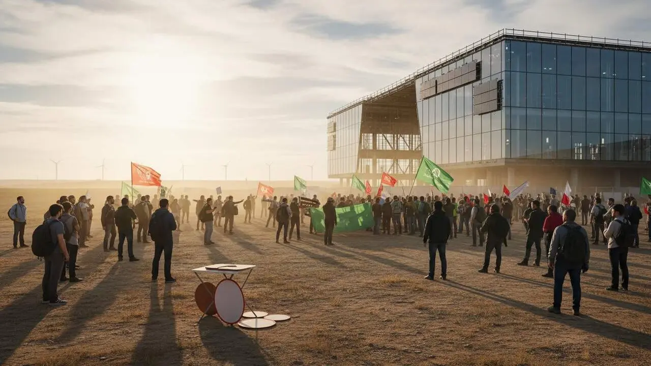  Manifestaci&oacute; d&rsquo;Ecologistes en Acci&oacute; i CGT contra la gigafactoria d&rsquo;intel&middot;lig&egrave;ncia artificial a M&oacute;ra la Nova per motius mediambientals i socials &mdash; Imagen generada por IA 