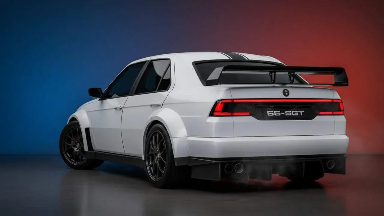  Alfa Romeo 155 SGT 2026 en acci&oacute; destacant el seu disseny innovador i prestacions esportives excepcionals &mdash; Imagen generada por IA 