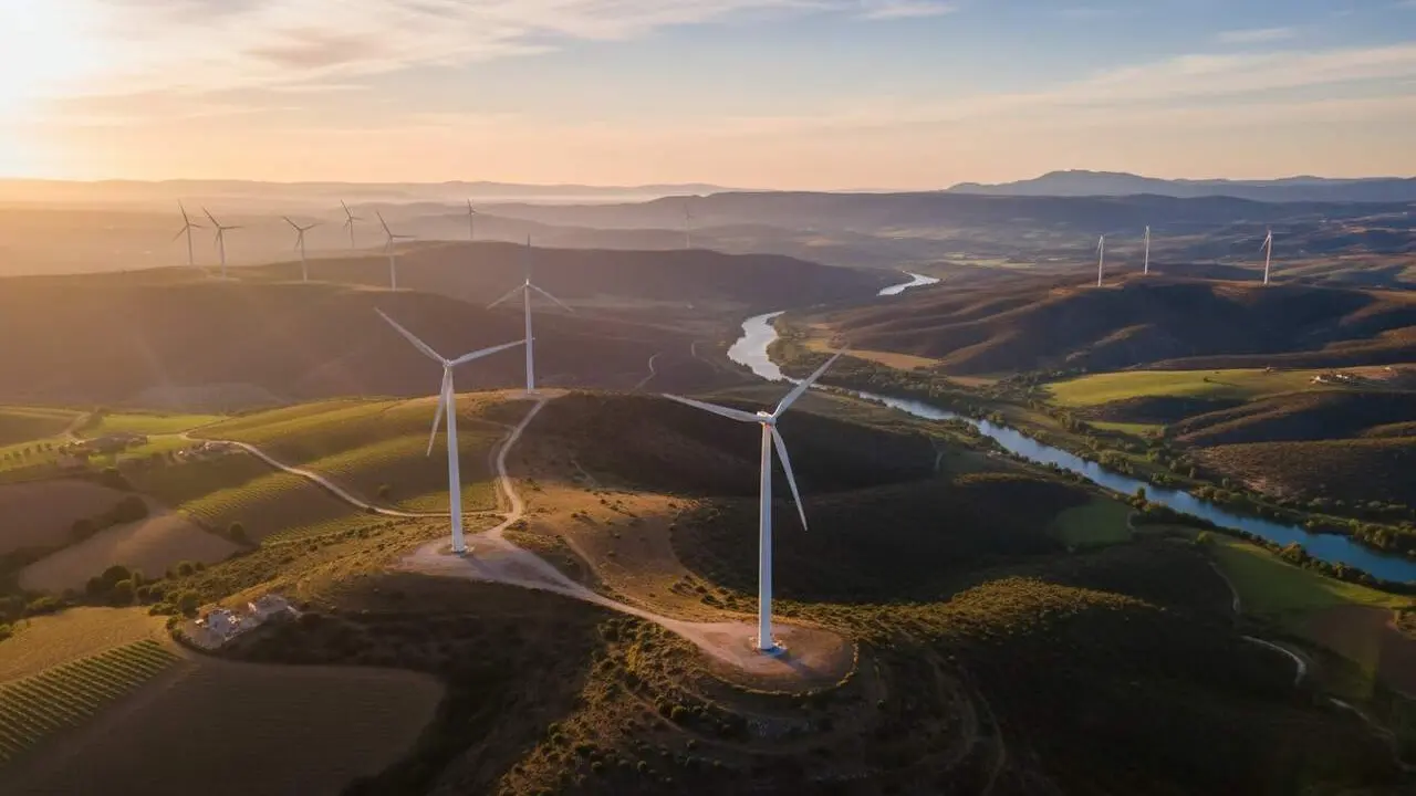 Vista panor&agrave;mica de tres parcs e&ograve;lics amb aerogeneradors que transformaran la Terra Alta i la Ribera d&rsquo;Ebre &mdash; Imagen generada por IA