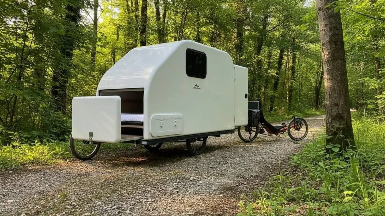  Minicaravana Alpencamper Eco Slide Out de 52 kg amb llit per a dos i sistema lateral lliscant per a bicicletes i acampada c&ograve;moda &mdash; Imagen generada por IA 