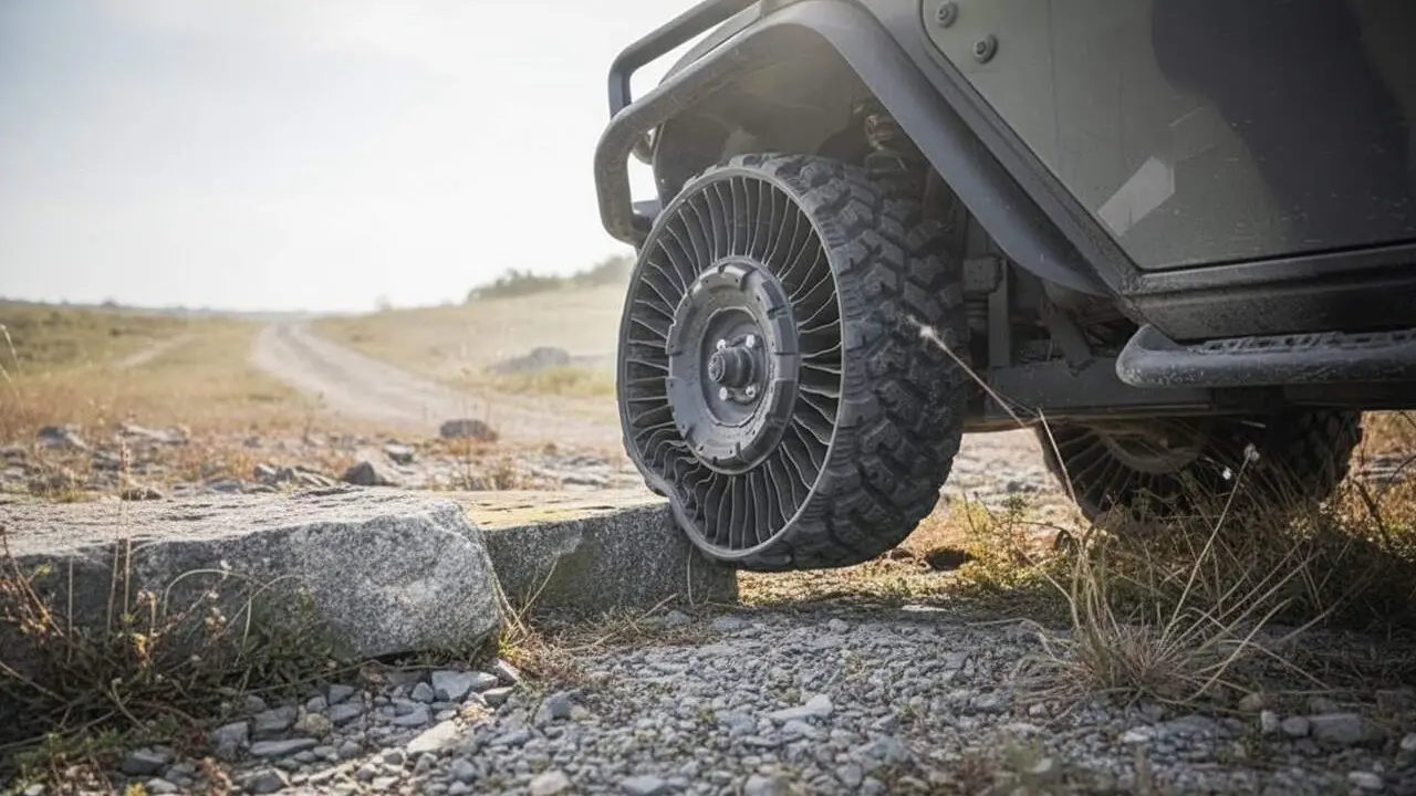  Neum&agrave;tics militars sense aire de Michelin revolucionen la seguretat i el rendiment en vehicles t&agrave;ctics d&rsquo;operacions especials &mdash; Imagen generada por IA 