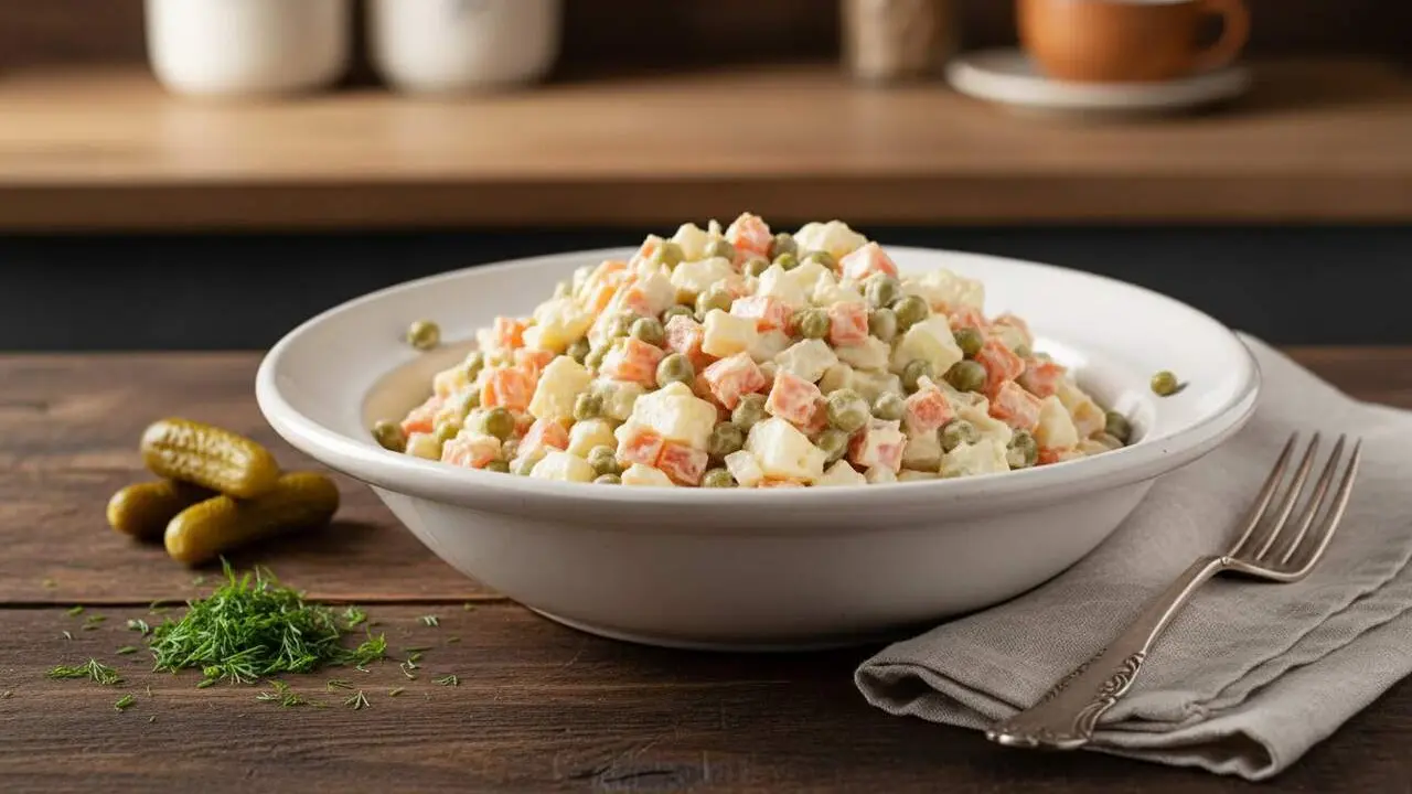  Ensaladilla russa tradicional amb pepinillos perfectament tallats segons els secrets dels cuiners russos &mdash; Imagen generada por IA 