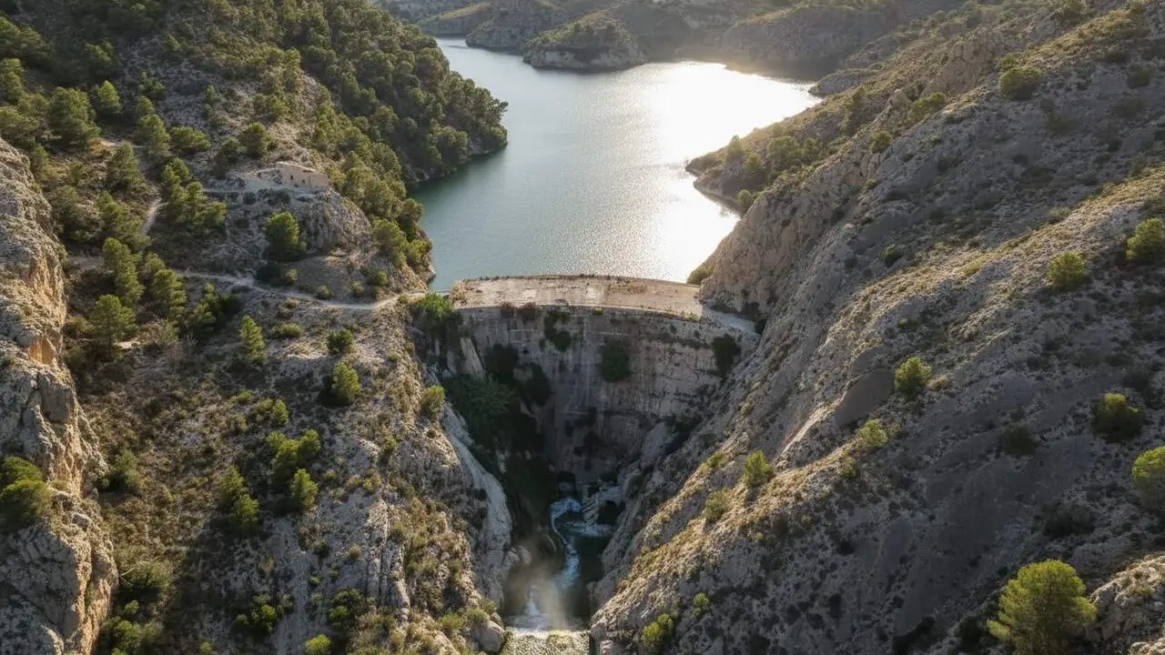 Imatge panor&agrave;mica del pant&agrave; m&eacute;s antic d&rsquo;Europa a Alacant amb un paisatge natural preservat i muntanyes al fons &mdash; Imagen generada por IA 