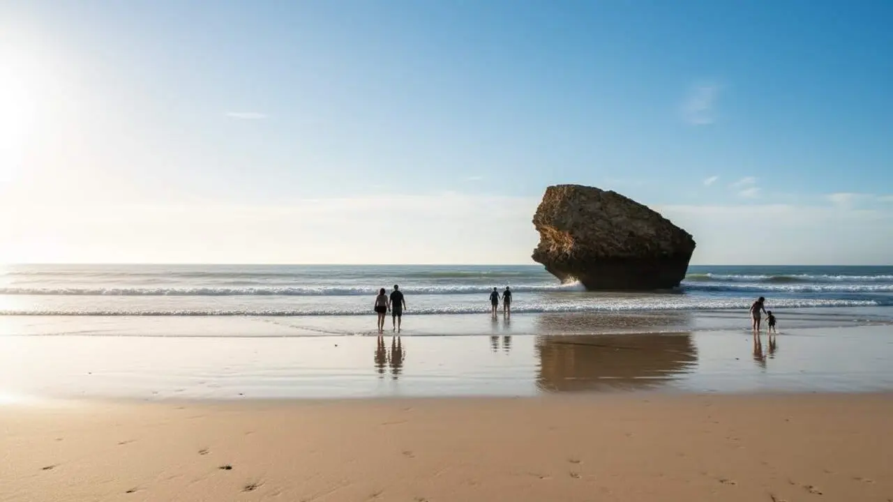  Vista panor&agrave;mica de la platja de Matalasca&ntilde;as a Huelva amb aig&uuml;es cristal&middot;lines i entorn natural per visitar l&rsquo;estiu 2026 &mdash; Imagen generada por IA 