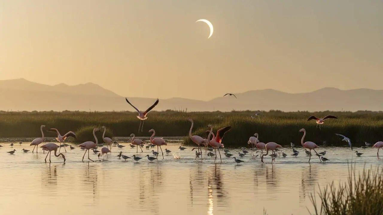  Flamencs i ocells del Delta de l&rsquo;Ebre reaccionant durant l&rsquo;eclipsi solar de 90 segons en un h&agrave;bitat protegit &mdash; Imagen generada por IA 