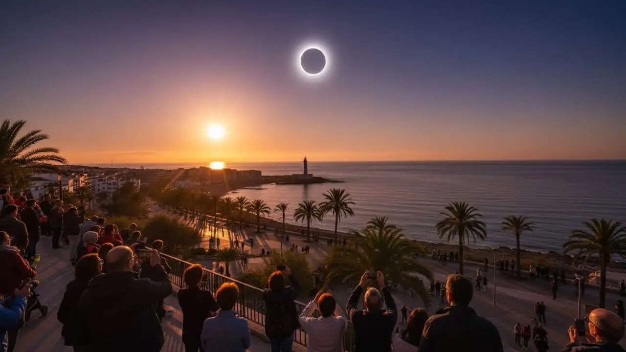 Mapa del temps d&rsquo;eclipsi total del 12 d&rsquo;agost als pobles de Tarragona amb durades detallades per a cada municipi &mdash; Imagen generada por IA