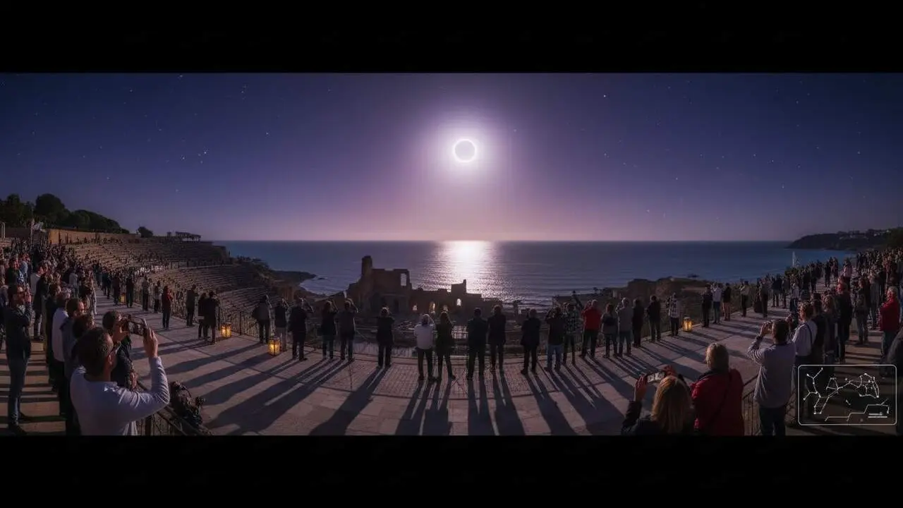 Vista panor&agrave;mica del cel de Tarragona durant l'eclipsi solar total de 2026 amb l'horitz&oacute; en foscor completa &mdash; Imagen generada por IA