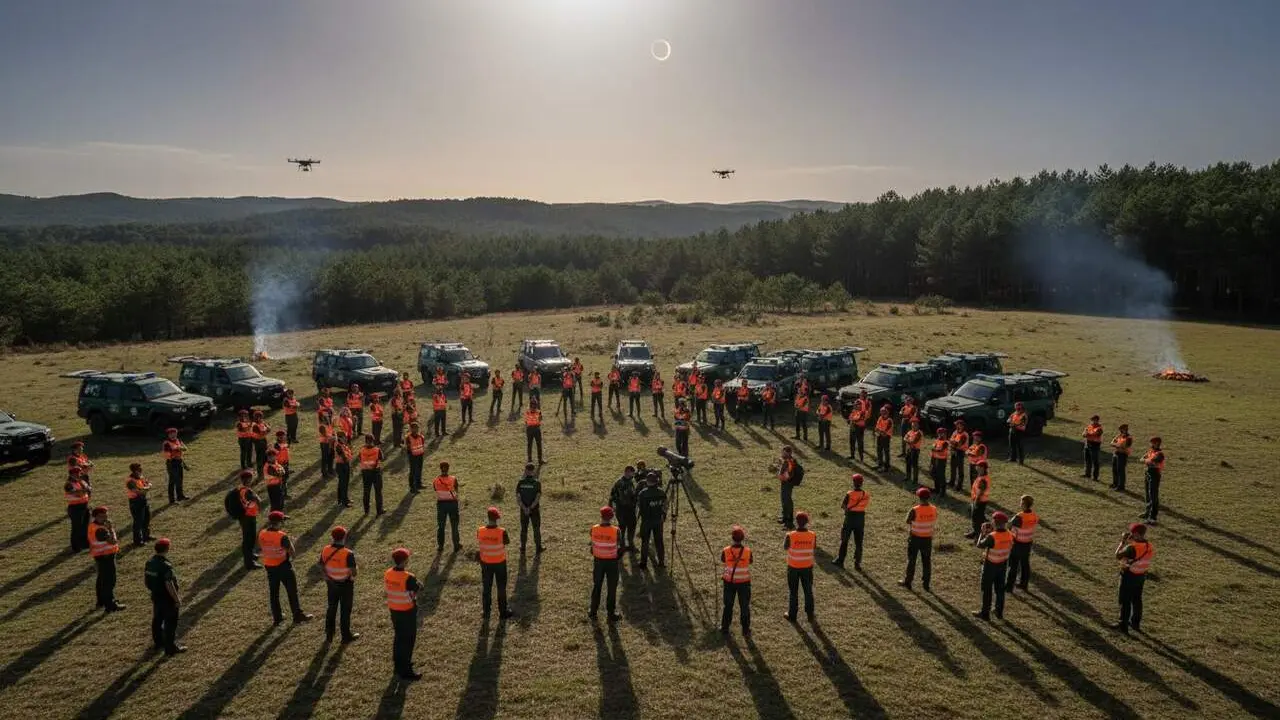  Equipo de agentes rurales coordinando un operativo especial para el eclipse solar con gran despliegue de efectivos &mdash; Imagen generada por IA 