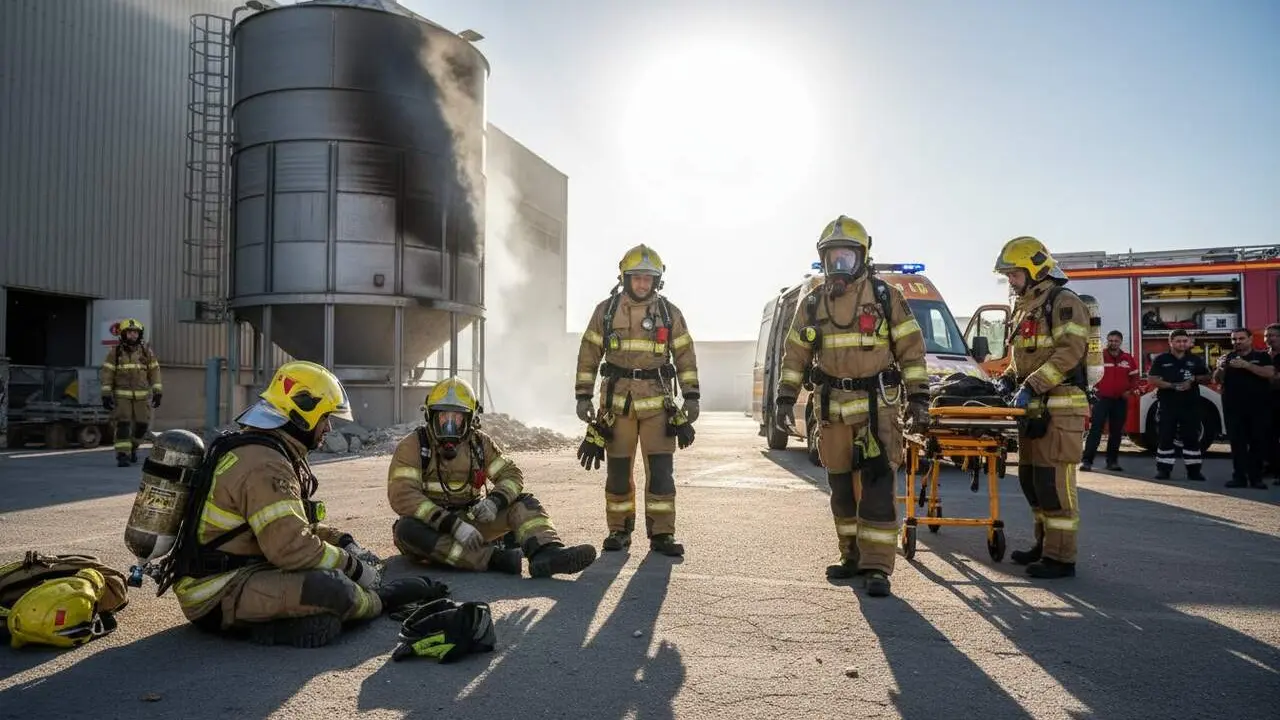  Cuatro bomberos de Reus con heridas leves tras una deflagraci&oacute;n en incendio de empresa de frutos secos &mdash; Imagen generada por IA 