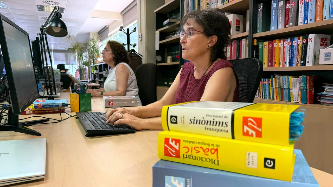 Responsables dels respectius serveis de cerca en l&iacute;nia diccionari.cat i Enciclop&egrave;dia.cat, a la seu d'Enciclop&egrave;dia Catalana
Font: Pau Cortina / Agencia Catalana de Noticies