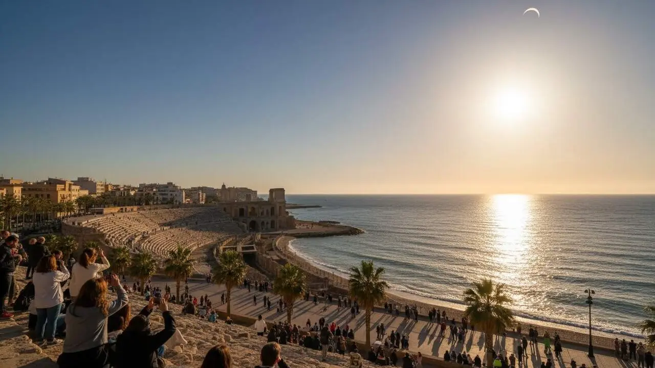  Moment de l'eclipsi celebrat pel sector tur&iacute;stic de Tarragona amb incertesa sobre l'impacte real en les reserves d'allotjament - Imagen generada por IA 