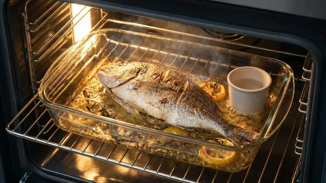 Peix al forn jug&oacute;s amb truc de cuiners i recipient amb aigua per aconseguir millor textura i sabor &mdash; Imagen generada por IA