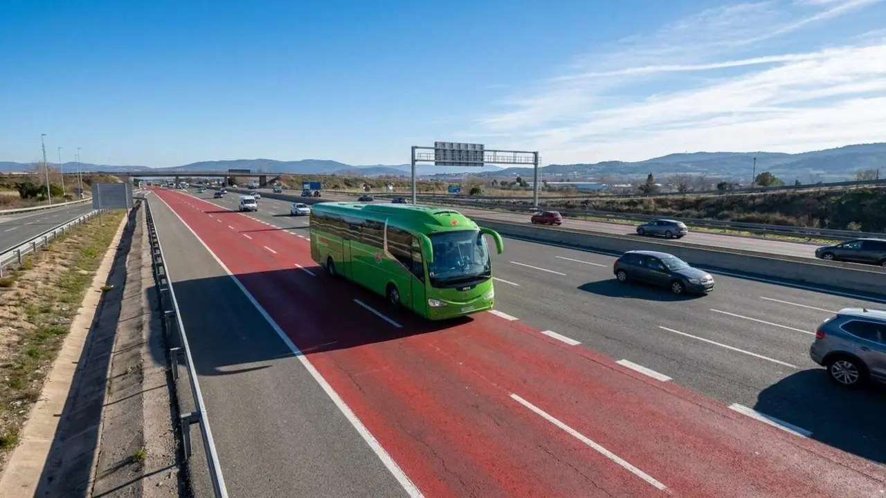  Autob&uacute;s interurb&agrave; circulant pel nou carril vermell de la DGT a l'autovia A-2 amb cel clar de fons - Imagen generada por IA 