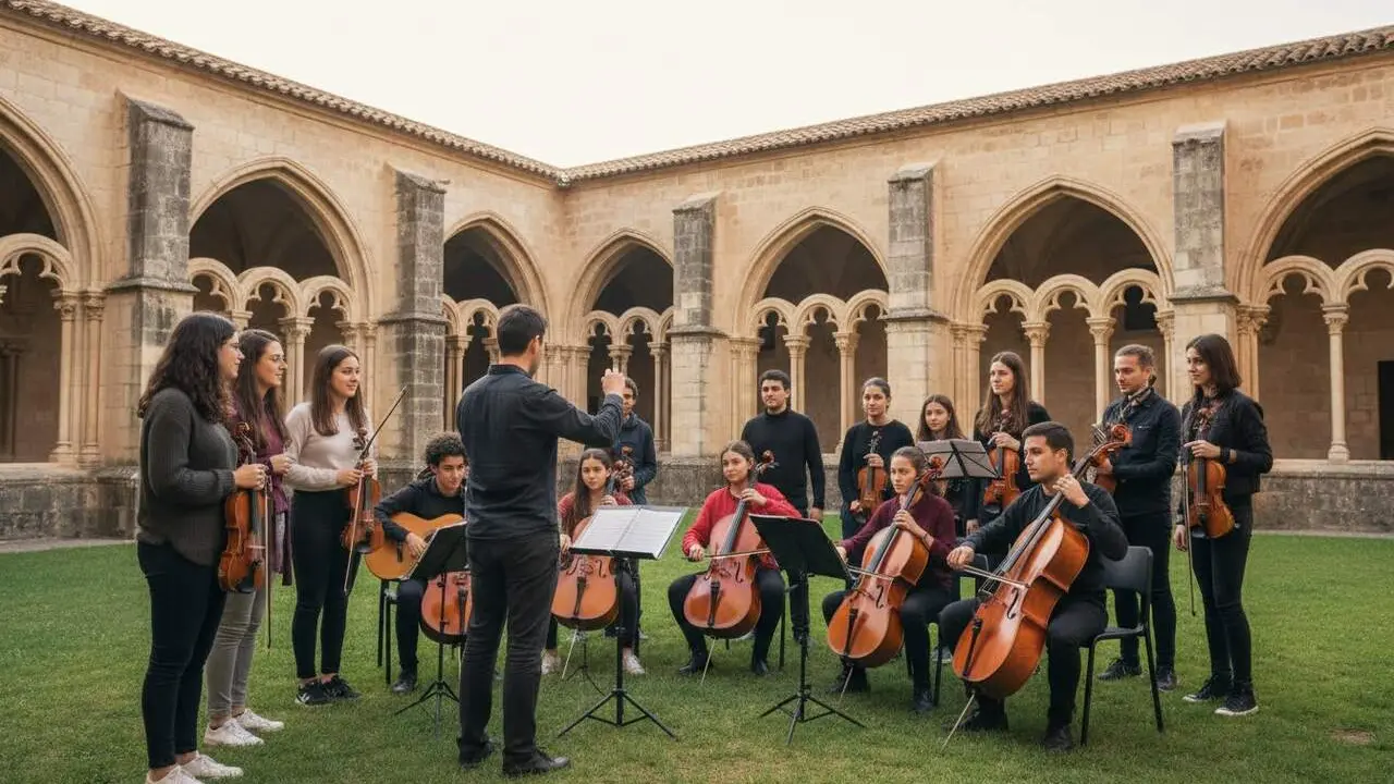 15 joves de Can Ros milloren la salut mental i inclusi&oacute; laboral amb m&uacute;sica al festival Jordi Savall de Santes Creus &mdash; Imagen generada por IA
