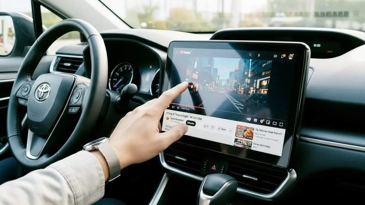 Pantalla de cotxe amb Android Auto mostrant v&iacute;deos de YouTube per a usuaris amb Android 16 en vehicles estacionats &mdash; Imagen generada por IA