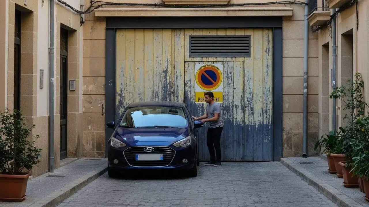 Cotxe aparcat davant un gual amb senyalitzaci&oacute; de la DGT sobre normativa de tr&agrave;nsit i aparcament a terrassa &mdash; Imagen generada por IA