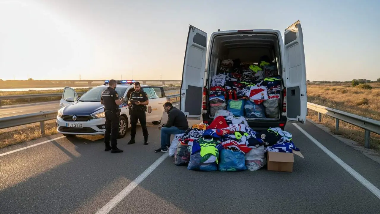 Detingut a Amposta un home de 37 anys amb m&eacute;s de 800 samarretes falses en un control a la N-340 &mdash; Imagen generada por IA