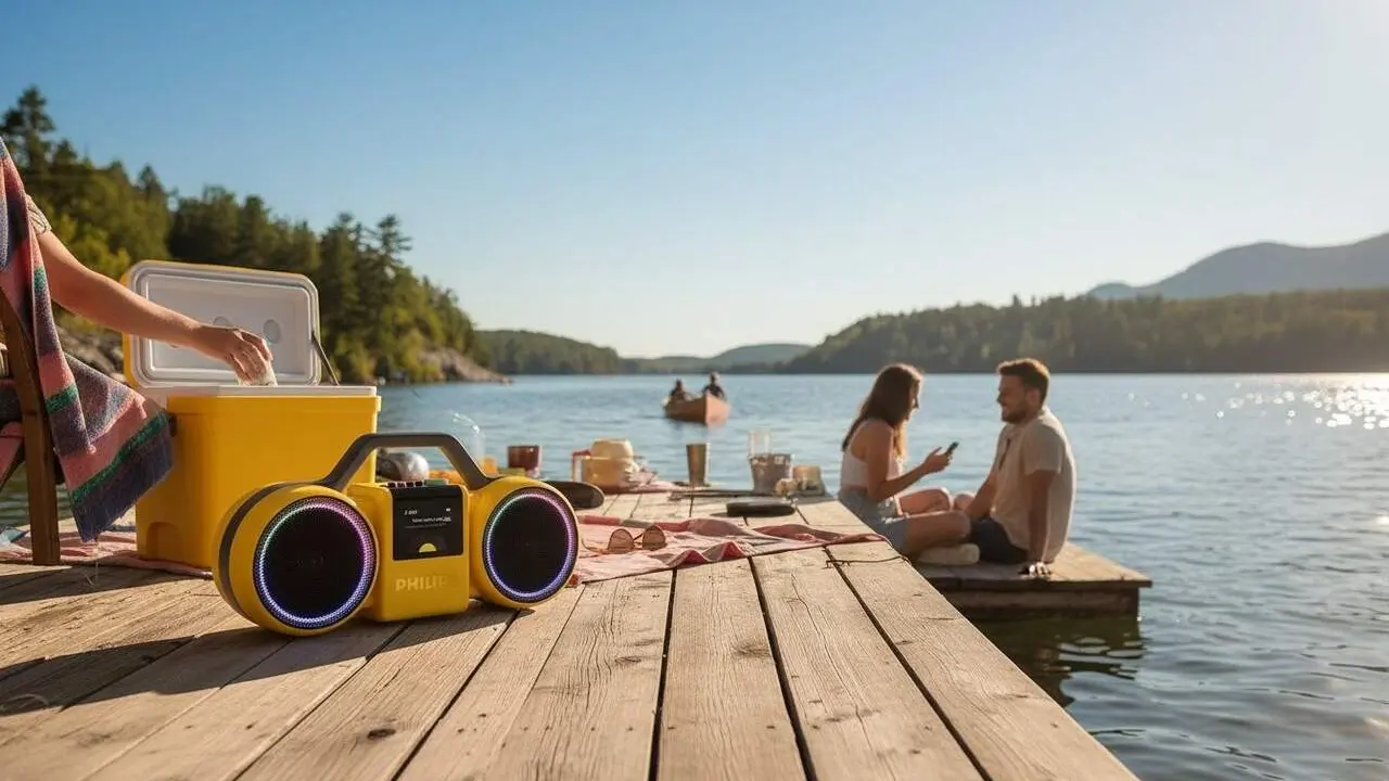 Philips The Roller altaveu Bluetooth port&agrave;til amb disseny retro i tecnologia moderna per a amants del so vintage i dels anys 80 &mdash; Imagen generada por IA
