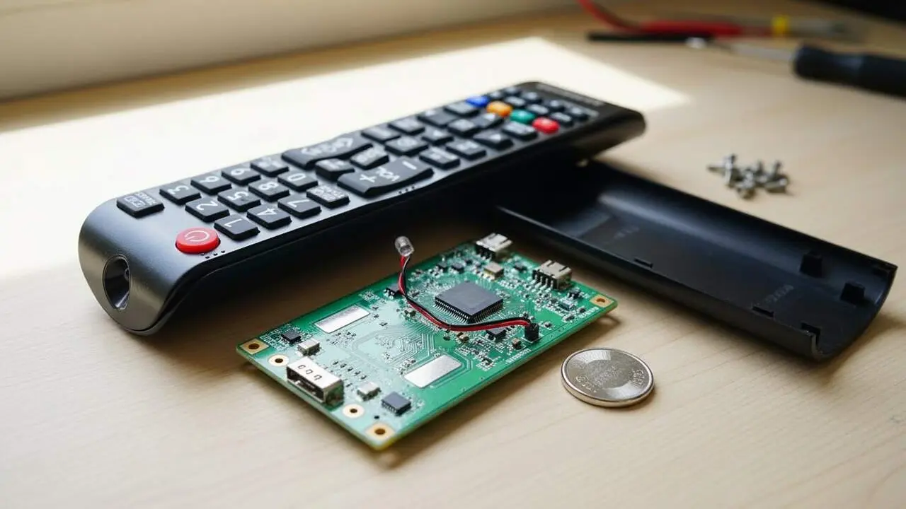  Comandament a dist&agrave;ncia vell reutilitzat amb sensors i circuits per crear objectes &uacute;tils i reduir deixalles electr&ograve;niques a casa - Imagen generada por IA 