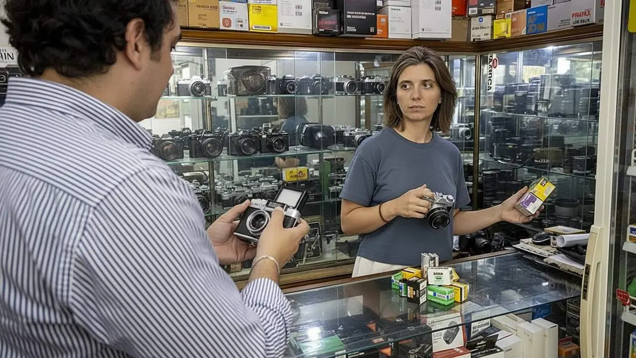 Jove utilitzant un carrete fotogr&agrave;fic en un viatge per descobrir la fotografia anal&ograve;gica i la cultura vintage &mdash; Imagen generada por IA