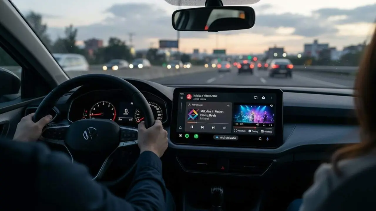  Interf&iacute;cie de Spotitanus per Android Auto mostrant videoclips i mode karaoke a la pantalla del cotxe - Imagen generada por IA 