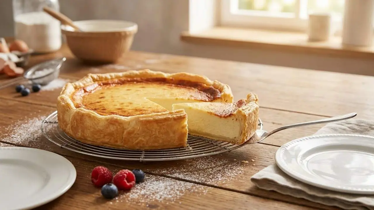  Tarta de formatge amb base de pasta fullada f&agrave;cil i r&agrave;pida per fer en 50 minuts a casa - Imagen generada por IA 