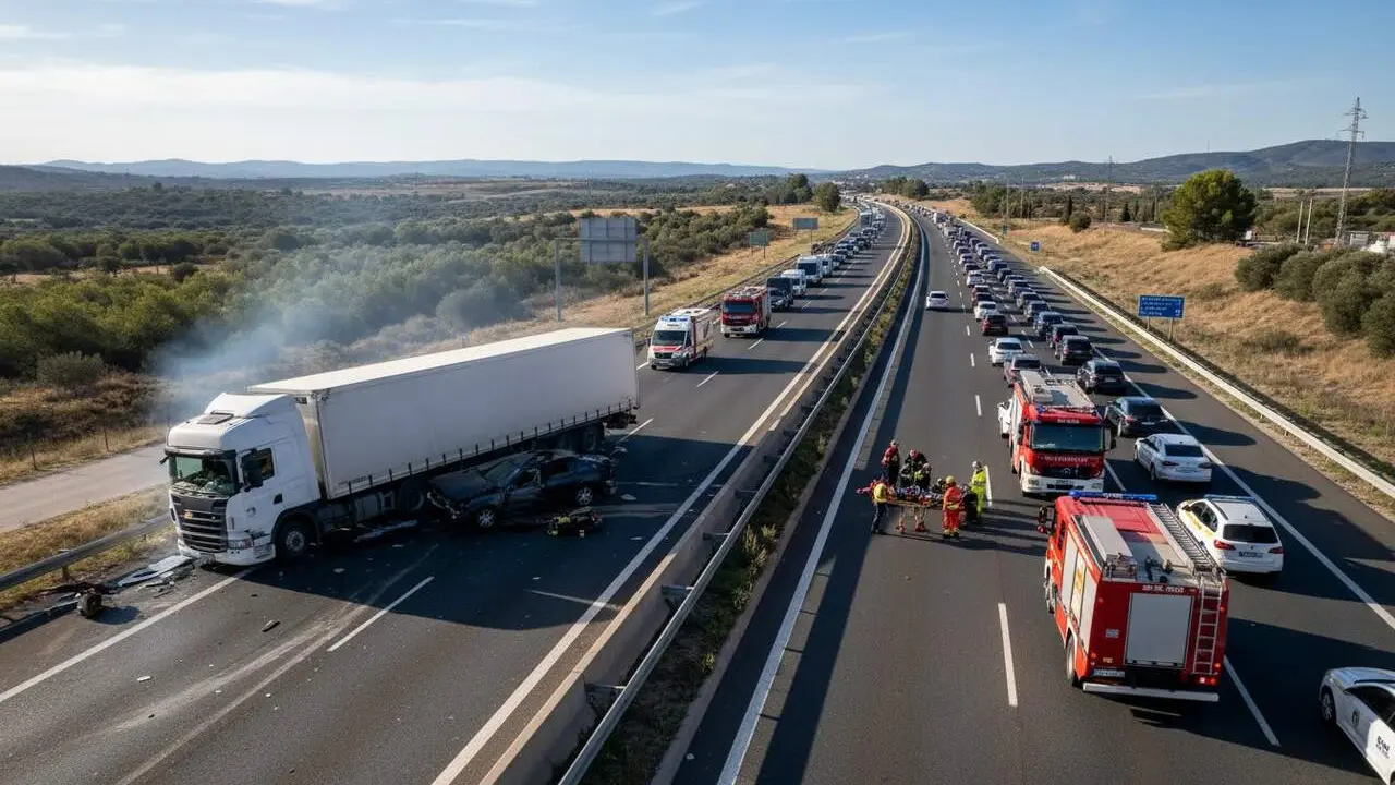  Accident greu entre un cami&oacute; i un turisme a l'AP-7 al Vendrell amb un home de 45 anys ferit cr&iacute;tic - Imagen generada por IA 