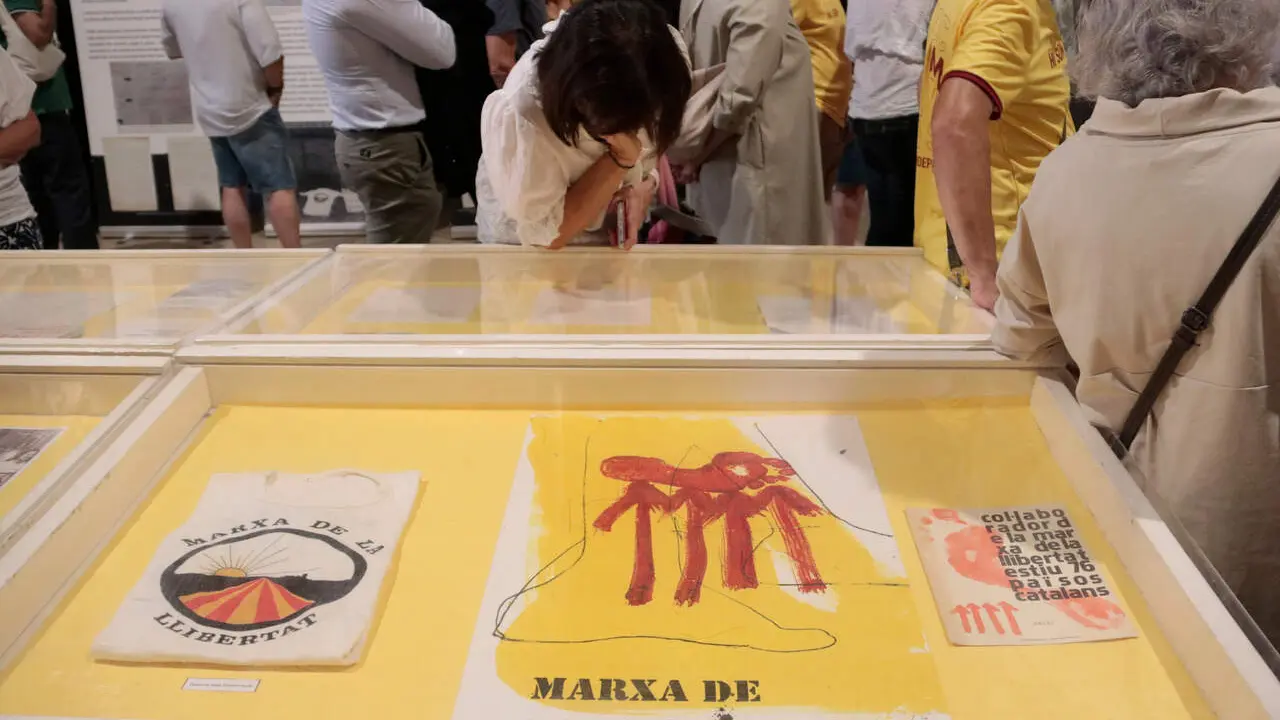 Una dona observa un dels plafons amb material de la Marxa de la Llibertat a l'exposici&oacute; de l'Arxiu Comarcal de la Conca de Barber&agrave;
Font: Ariadna Escoda / Agencia Catalana de Noticies