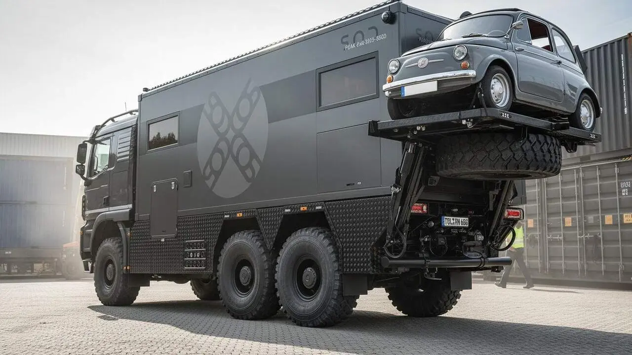 SOD Peak 8x8: el cami&oacute; camper de luxe amb plataforma per transportar un Fiat 500 &mdash; Imagen generada por IA