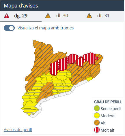 Al mapa de Meteo.cat d'avui 29 de març, veiem com l'Alt Camp està en perill alt per fortes ratxes de vent.