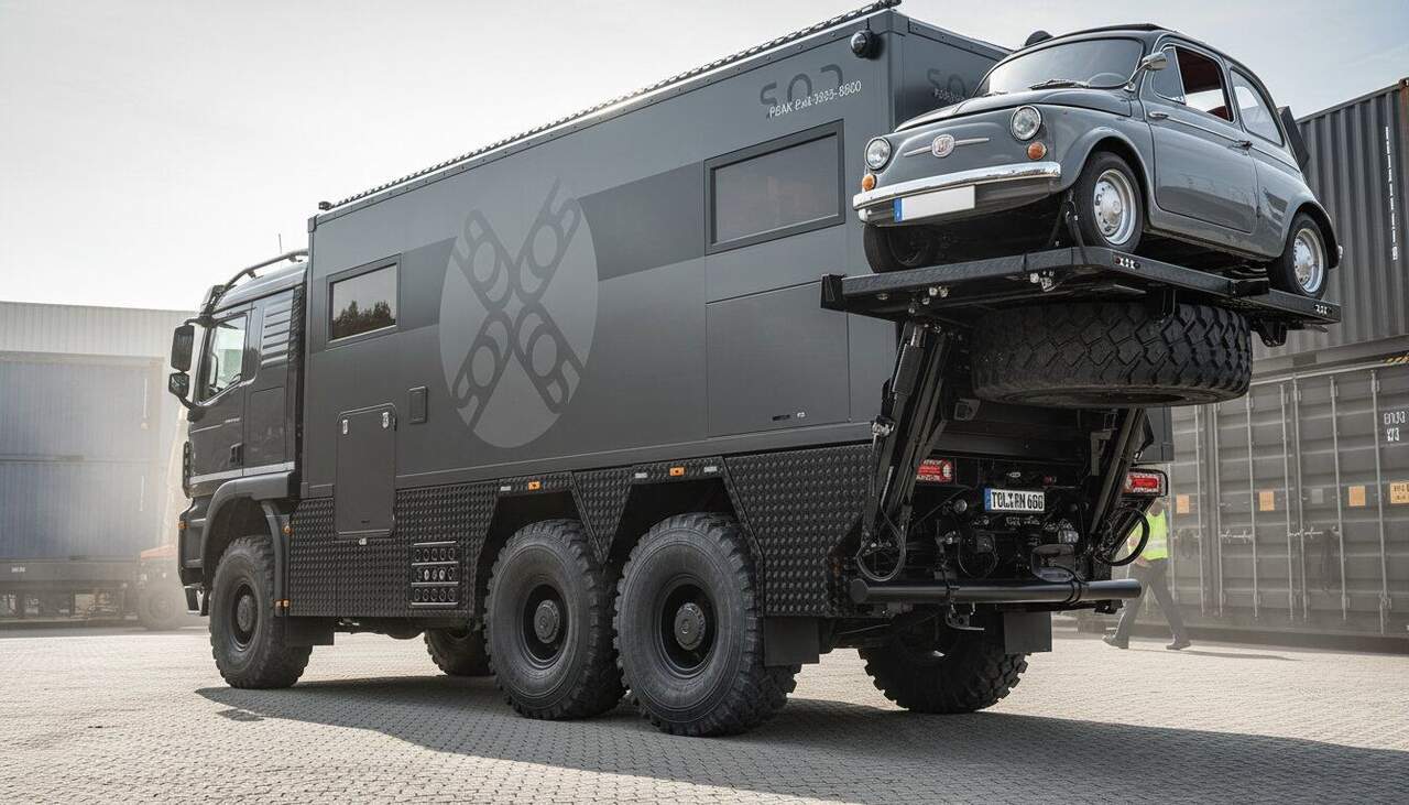 The SOD Peak 8x8 costs 3.5 million: the camper truck that carries a car on top